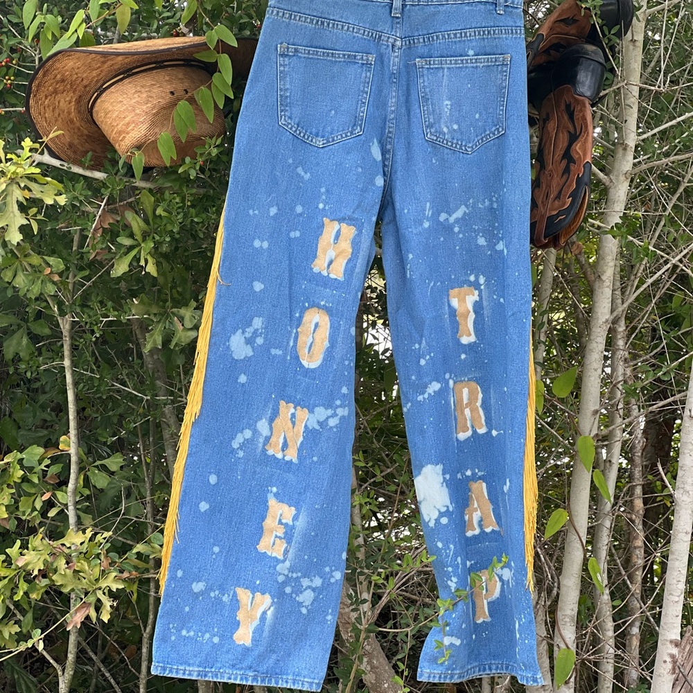 SHEIN Blue Flare Jeans with Yellow Lettering
